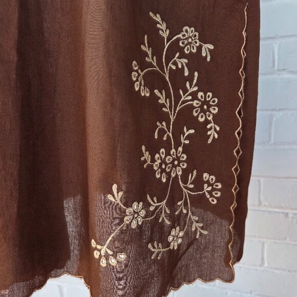 Vintage Chocolate Brown Embroidered Linen Shift Dress with Buttons & Tie Accent - Picture 10 of 13